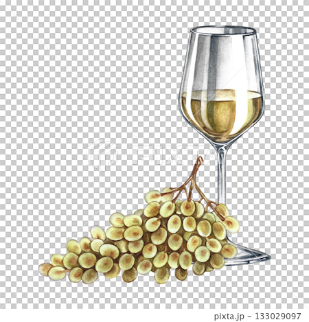 A glass of white wine and a bunch of grapes. Hand-drawn watercolor illustration. Isolated. Color image. For packaging and labels. For banners and posters. For restaurant and bar menus. A glass of white wine and a bunch of grapes. Hand-drawn watercolor illustration. Isolated. Color image. For packaging and labels. For banners and posters. For restaurant and bar menus. 133029097