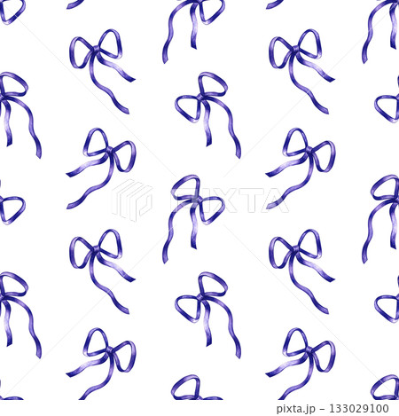 A seamless pattern with purple ribbon bows. Hand-drawn watercolor illustration. Design element for greeting cards and invitations. Suitable for decor, textiles, and wrapping paper. 133029100