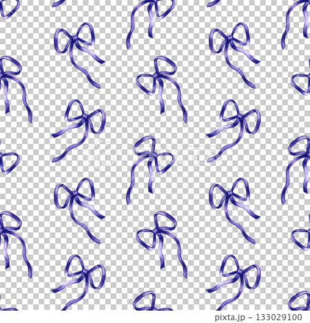 A seamless pattern with purple ribbon bows. Hand-drawn watercolor illustration. Design element for greeting cards and invitations. Suitable for decor, textiles, and wrapping paper. 133029100