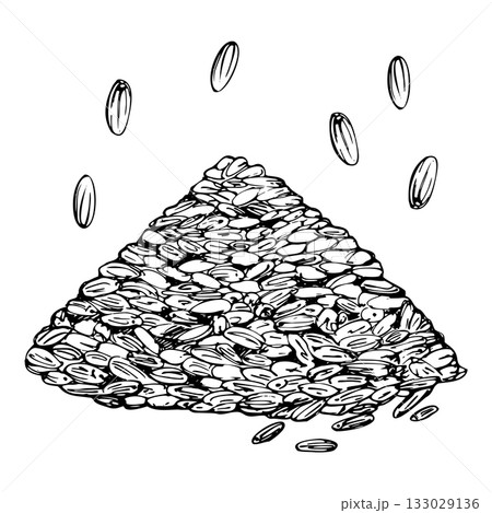 Seeds nut kernels heap of lavender lavandula rice sketch hand drawn in vector ink. French Provence, cosmetics spa aromatherapy. Single object isolated illustration. Seed packet art, home apothecary Seeds nut kernels heap of lavender lavandula rice sketch hand drawn in vector ink. French Provence, cosmetics spa aromatherapy. Single object isolated illustration. Seed packet art, home apothecary 133029136