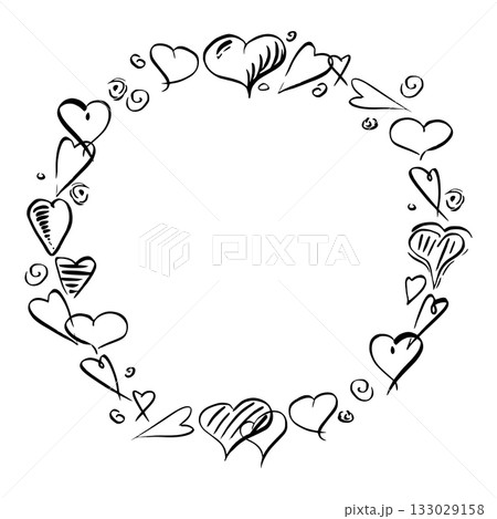 Playful heart doodles with pulse lines and small spiral swirls forming round wreath shape. Vector hand drawn ink illustration. Valentine label, romantic wedding design border, cute printable template. 133029158