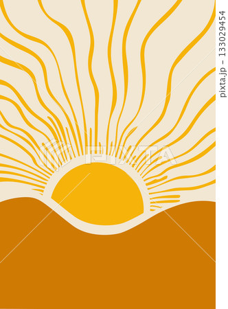 Bright yellow sun rising over orange hills with long curved rays spreading across the sky Bright yellow sun rising over orange hills with long curved rays spreading across the sky 133029454