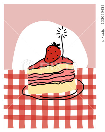 Simple drawing of strawberry cake with red layers on a checkered tablecloth background 133029455