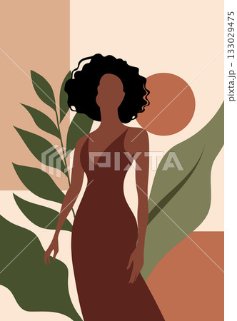 Woman with curly hair in brown dress standing among large green leaves and abstract shapes 133029475