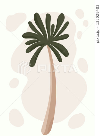 Stylized palm tree with dark green leaves and light brown trunk on beige abstract background 133029483