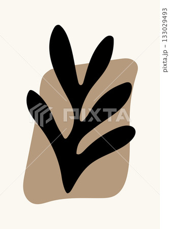 Stylized black leaf with curved branches over a brown organic shape on light beige background 133029493