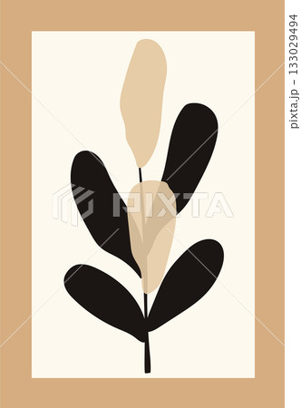 Stylized plant with black and beige oval leaves on cream background framed with brown border 133029494