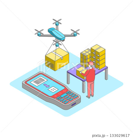 Cartoon Color Drone Carrying Box Fast Delivery Service Concept 3d Isometric View Line Elements. Vector illustration 133029617