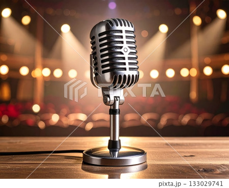Classic chrome vintage microphone placed isolated on background. Classic chrome vintage microphone placed isolated on background. 133029741