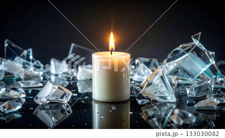A lit Christmas candle emits a warm, radiant glow. 133030082