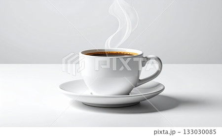 White coffee cup with steam on a saucer, isolated hot espresso beverage for breakfast 133030085