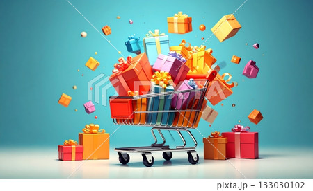A Christmas shopping cart full of gifts and bows ready for holiday shopping. 133030102