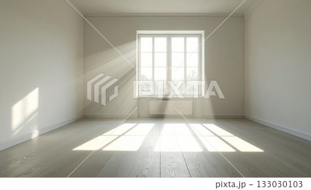 Bright contemporary empty room interior with wood floor, large window, and light walls Bright contemporary empty room interior with wood floor, large window, and light walls 133030103
