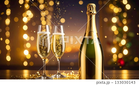 A festive bottle of champagne and two glasses...のイラスト素材 [133030143] - PIXTA