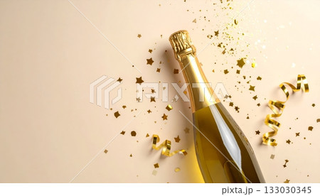 Close-up of a champagne bottle with a burst cork. 133030345