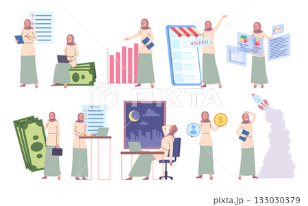 Cartoon Color Characters Muslim Business Woman in Headscarfs Startup Concept Flat Design Style. Vector illustration of Businesswoman Project Cartoon Color Characters Muslim Business Woman in Headscarfs Startup Concept Flat Design Style. Vector illustration of Businesswoman Project 133030379