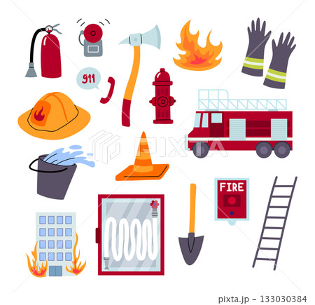 Cartoon Color Different Firefighters Elements Set Fire Department Concept Flat Design Style. Vector illustration of Extinguisher, Axe and Alarm Cartoon Color Different Firefighters Elements Set Fire Department Concept Flat Design Style. Vector illustration of Extinguisher, Axe and Alarm 133030384