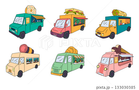 Cartoon Color Different Street Fast Food Trucks Set Kiosks Concept Flat Design Style with Elements Thin Line. Vector illustration of Festival Market Stall 133030385