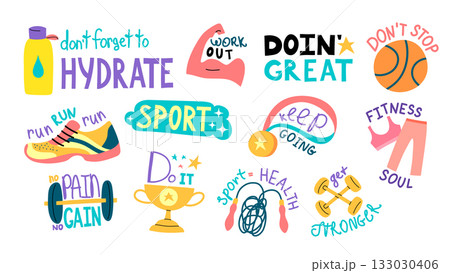 Cartoon Color Different Motivational Sport Hand Drawing Stickers Set Fitness Concept Flat Design Style. Vector illustration of Badge Cartoon Color Different Motivational Sport Hand Drawing Stickers Set Fitness Concept Flat Design Style. Vector illustration of Badge 133030406