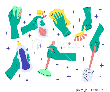 Cartoon Color Different Hands Wearing Protective Rubber Gloves Set Cleaning Household Supplies Concept Flat Design Style. Vector illustration Cartoon Color Different Hands Wearing Protective Rubber Gloves Set Cleaning Household Supplies Concept Flat Design Style. Vector illustration 133030407