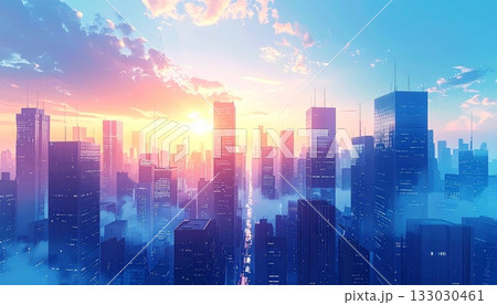 Vibrant cityscape silhouette with tall buildings against the night sky. 133030461
