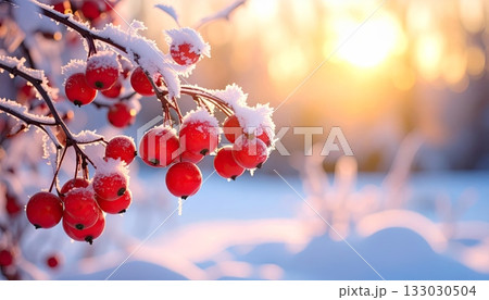 Red rowan berries in fresh snow on a frozen winter branch 133030504