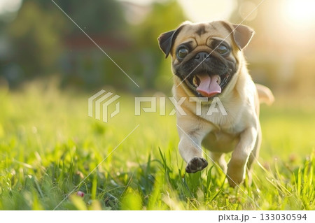 Happy pug dog running on a green meadow grass park 133030594
