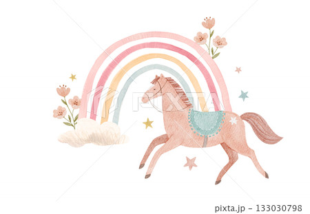 Cute watercolor horses and rainbow illustration. Pastel farm animals with flowers, clouds and stars perfect for baby nursery prints, kids decor, wall art and children's room design. Cute watercolor horses and rainbow illustration. Pastel farm animals with flowers, clouds and stars perfect for baby nursery prints, kids decor, wall art and children's room design. 133030798