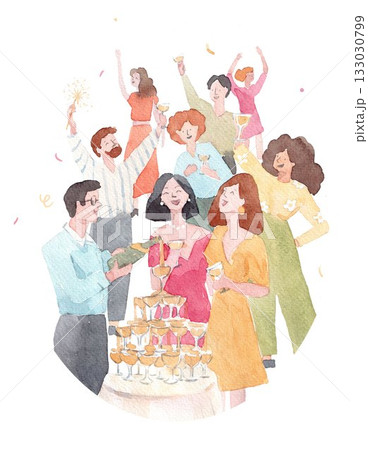 Watercolor illustration of a cheerful party with people celebrating, drinking champagne and dancing. Festive holiday scene perfect for invitations, posters, cards and event design. 133030799
