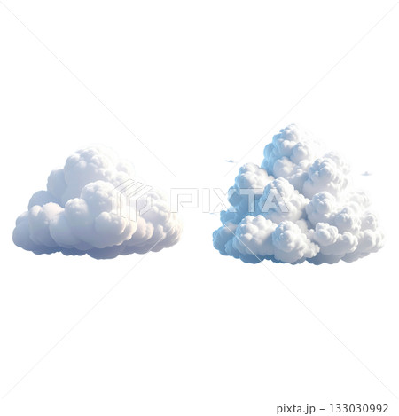 Fluffy white cumulus clouds form an abstract texture on a white background. 133030992