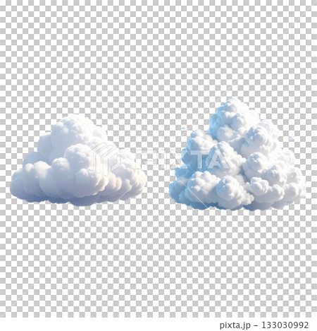 Fluffy white cumulus clouds form an abstract texture on a white background. 133030992