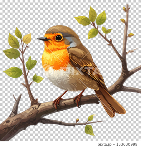 A colorful red-backed bird perches on a branch on a white background. A colorful red-backed bird perches on a branch on a white background. 133030999