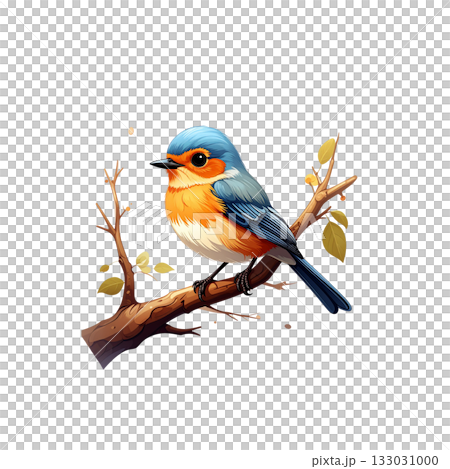 A colorful red-backed bird perches on a branch on a white background. 133031000