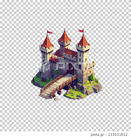 Fairytale castle on a hill in the snow. Fortress architecture illustration on white background. 133031012