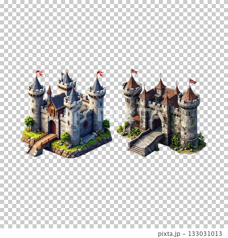 Fairytale castle on a hill in the snow. Fortress architecture illustration on white background. 133031013