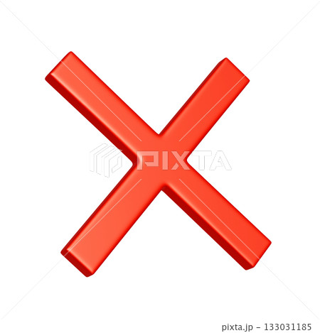 斜めに傾いた赤いバツマークの3DCGアイコン。リッチな質感の不正解マークのイラスト素材 133031185