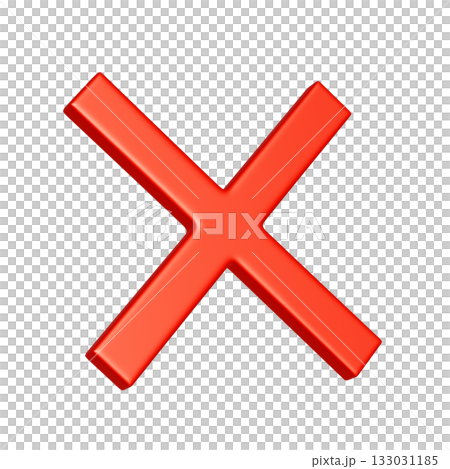 斜めに傾いた赤いバツマークの3DCGアイコン。リッチな質感の不正解マークのイラスト素材 133031185