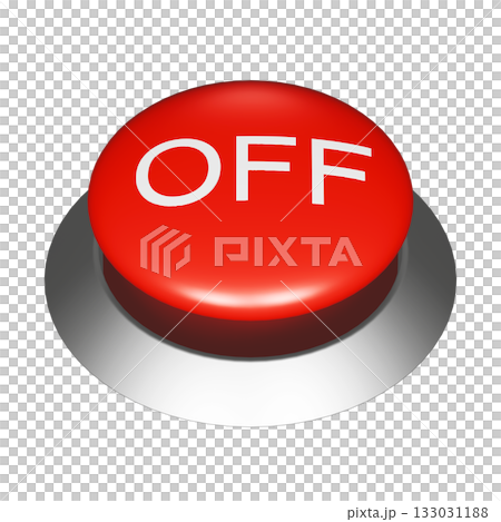 一個圓形按鈕的三維圖形插圖，上面寫著「OFF」字樣。透明紅色開關 133031188