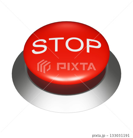 STOPの文字が書かれた丸いボタンの3DCGイラスト。赤いスイッチの透過素材 133031191