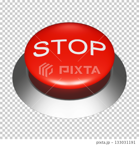 3DCG 圖形,圓形按鈕上寫著「STOP」字樣。透明紅色開關材料 3DCG 圖形,圓形按鈕上寫著「STOP」字樣。透明紅色開關材料 133031191