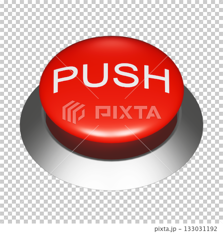 一個圓形按鈕的3DCG插圖，上面寫著「PUSH」字樣。透明紅色開關材料 133031192