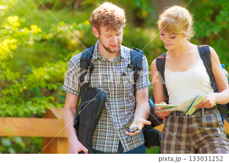 Hiking backpacking couple reading map on trip. Hiking backpacking couple reading map on trip. 133031252