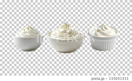 Whipped cream on a coffee cup is a sweet breakfast dessert with white milk isolated on the background. 133031331