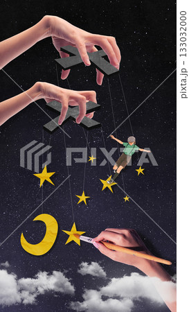 Abstract collage art. Child walking among puppet-like hanging moon and stars. Abstract collage art. Child walking among puppet-like hanging moon and stars. 133032000