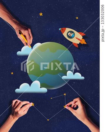 Graphic composition. Hands drawing clouds and stars above paper Earth with rocket 133032006