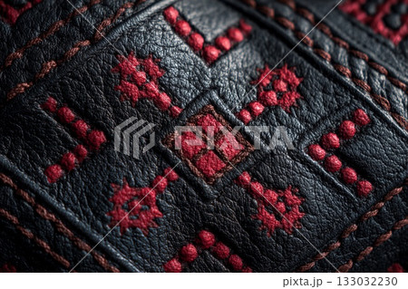 Intricate Red Embroidery Weaves Through Rich Black Leather, Creating a Stunning Contrast 133032230