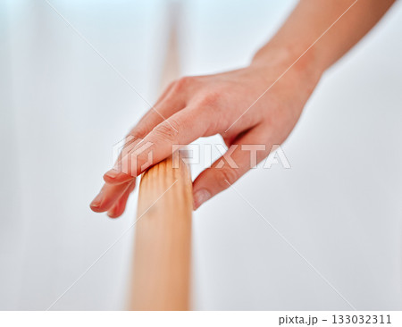 Ballet, training and hands on barre for exercise, practice or performance in studio. Ballerina, art and creative woman ready to start workout, exercising or dancing for theatre, routine or dance. 133032311