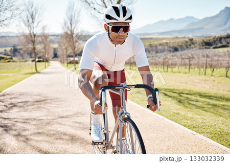 Man, professional athlete and cycling in nature, park path or exercise training of triathlon sports in Cape Town. Cyclist, bicycle and outdoor bike in summer, fitness challenge and cardio performance Man, professional athlete and cycling in nature, park path or exercise training of triathlon sports in Cape Town. Cyclist, bicycle and outdoor bike in summer, fitness challenge and cardio performance 133032339