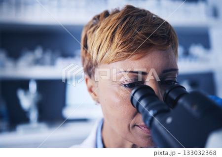 Microscope, research and woman scientist doing a science experiment in a lab or laboratory to examine sample. Doctor, medical and professional female technician doing analysis for biotechnology Microscope, research and woman scientist doing a science experiment in a lab or laboratory to examine sample. Doctor, medical and professional female technician doing analysis for biotechnology 133032368