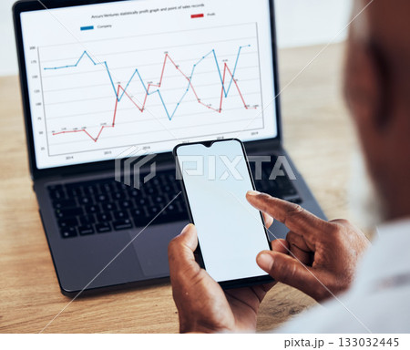 Chart, laptop screen and phone, mockup and data analysis, black man and hands with sales information. Analyst, finance and financial growth monitor, ux and app with technology, dashboard and stats Chart, laptop screen and phone, mockup and data analysis, black man and hands with sales information. Analyst, finance and financial growth monitor, ux and app with technology, dashboard and stats 133032445